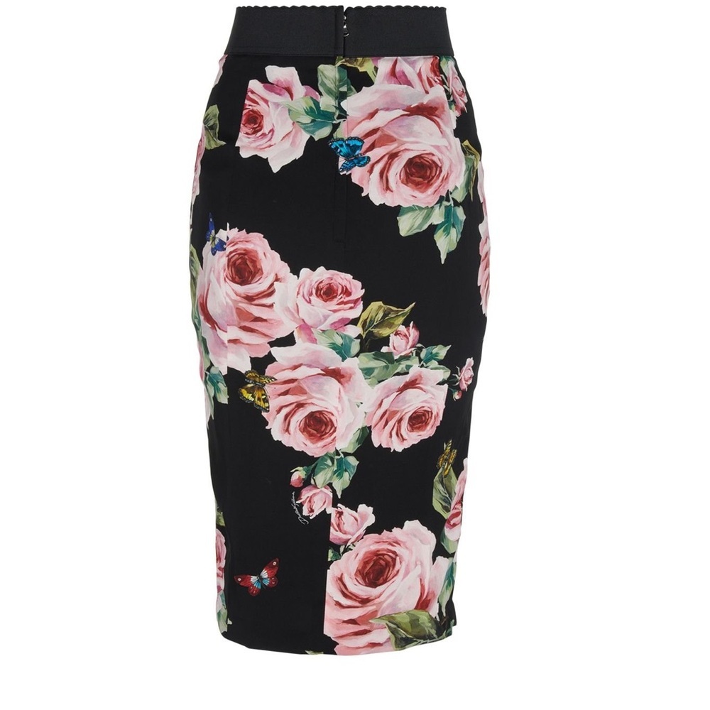 Dolce & Gabbana Silk Skirt Black Green Pink Floral Print Scalloped Grosgrain Zip - Picture 3 of 11